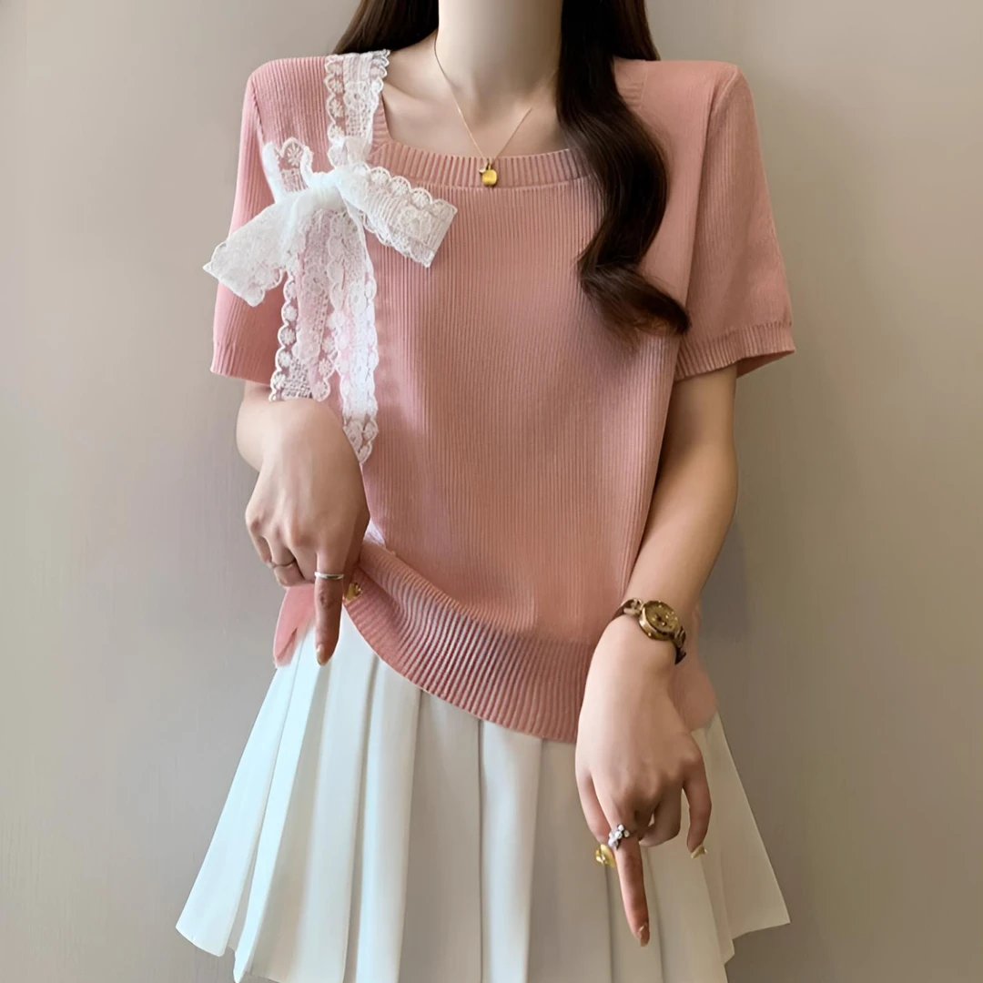 大码蕾丝绑带蝴蝶结针织短袖T恤女2025夏胖mm方领设计感百搭上衣