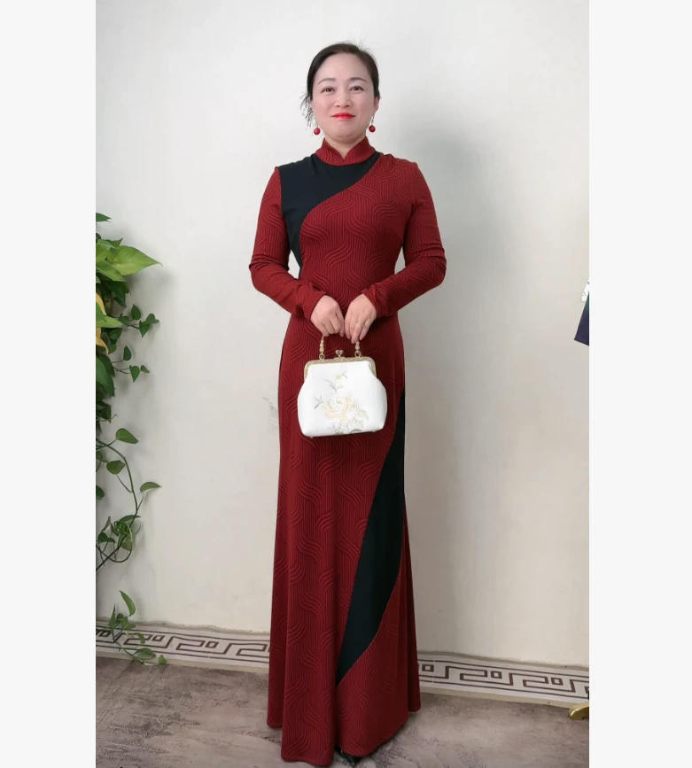 设计款红黑搭配春秋修身中国风旗袍裙