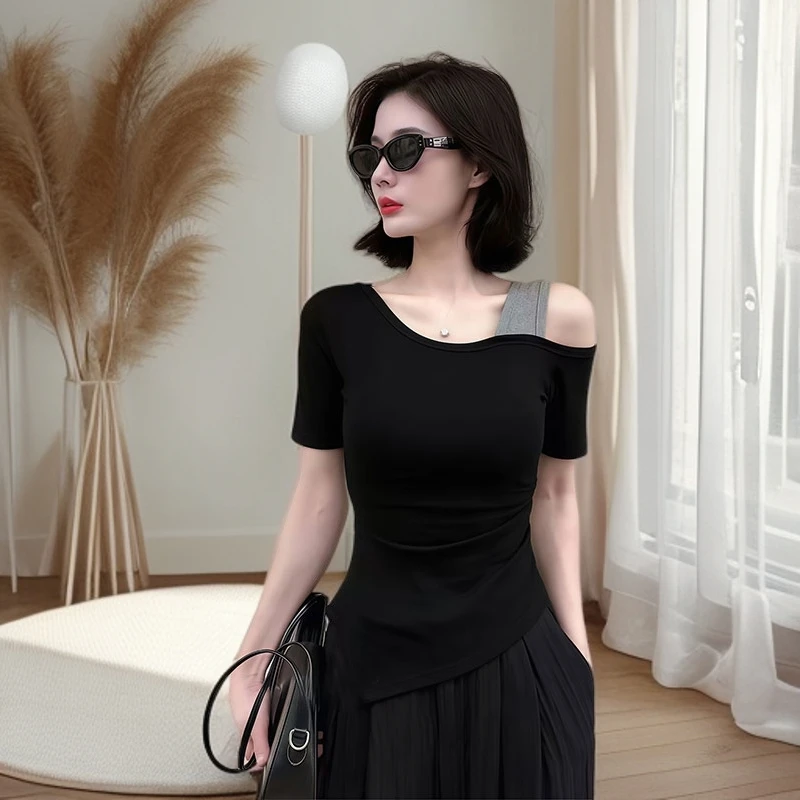 【现货宠粉】2025夏季新款小众时尚气质不规则上衣露肩修身显瘦休闲