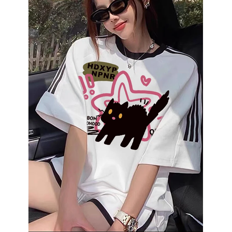 【纯棉】百搭宽松998男女同款港风三条杠短袖t恤韩版潮休闲上衣圆领