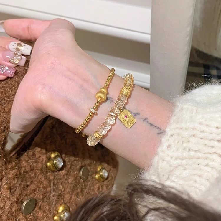 合金仿水晶手链 金色黄水晶手串女款福禄手链招财转运新中式手饰