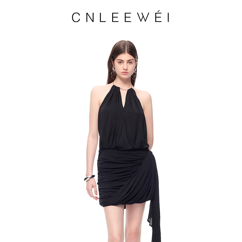 CNLEEWEI25夏季挂脖链条交叉v领褶皱荡领飘带包臀紫色连衣裙