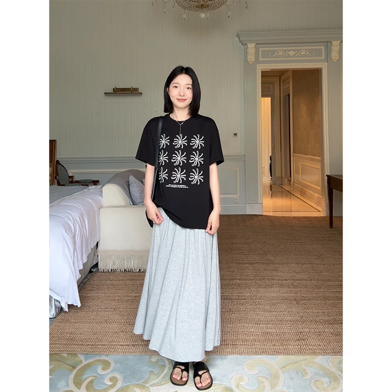 郭九九呢 棉休闲印花宽松显瘦短袖t恤高腰慵懒半身裙 G925Y05446