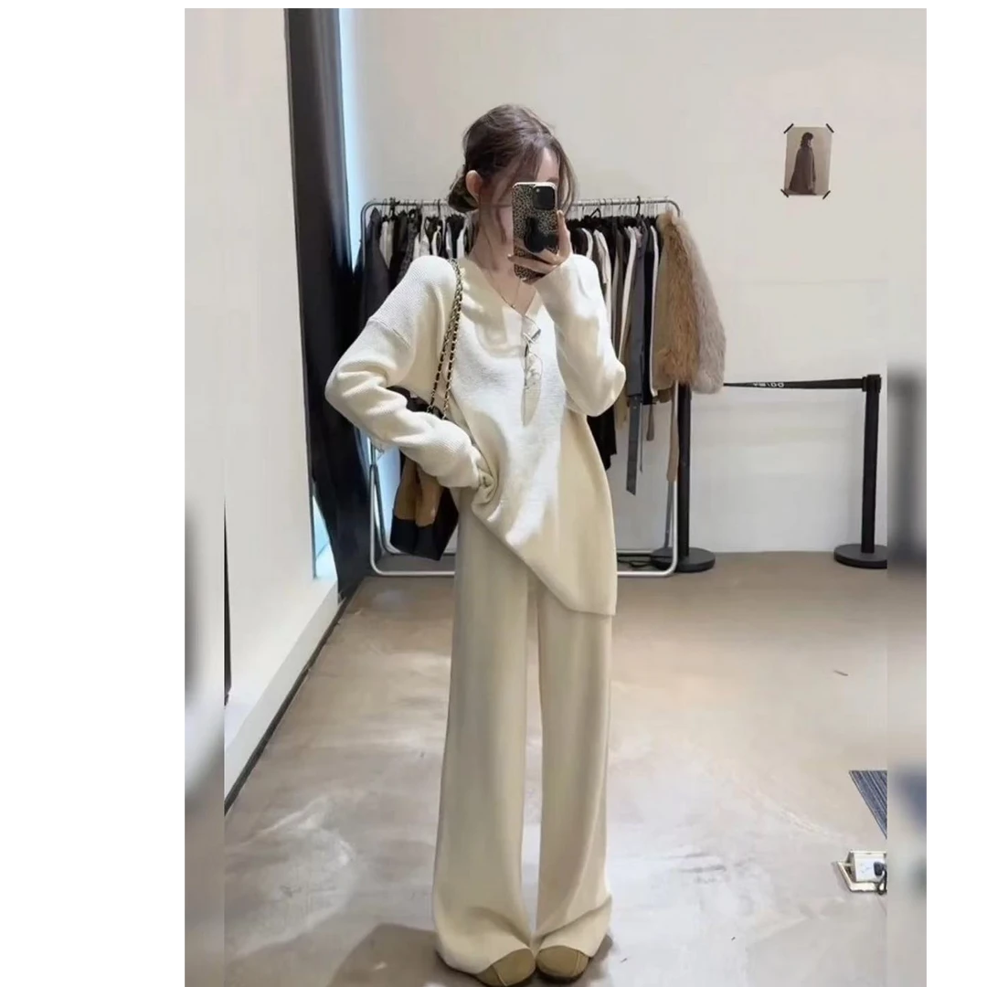 D1068-1秋冬季韩系穿搭气质简约针织上衣+休闲裤慵懒风两件套