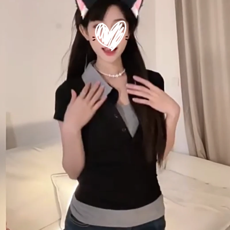 无品牌韩系穿搭假两件撞色短袖T恤修身显瘦设计感小众百搭女上衣