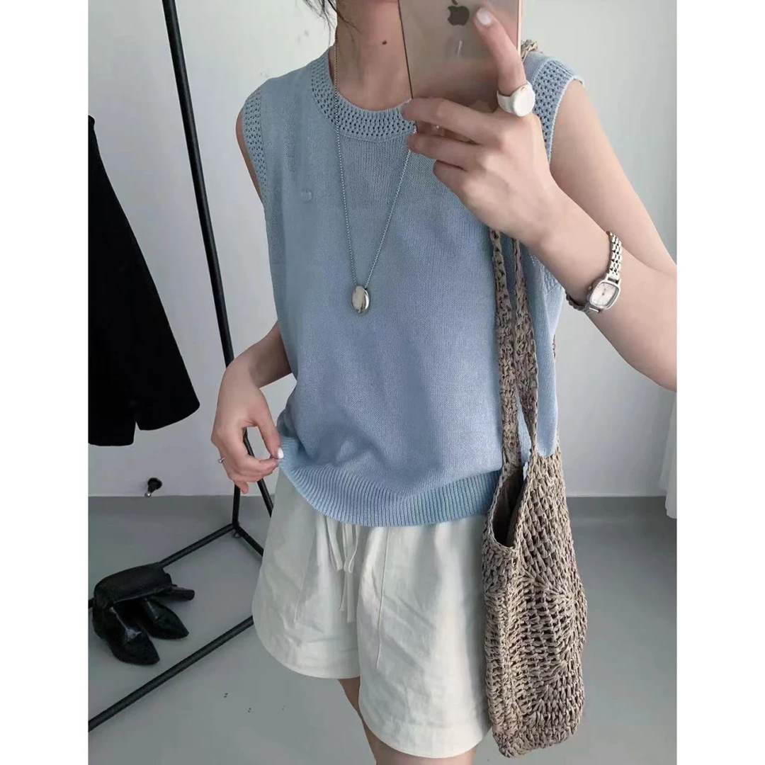 丽丽家~飞袖时尚休闲百搭夏季镂空无袖圆领上衣359