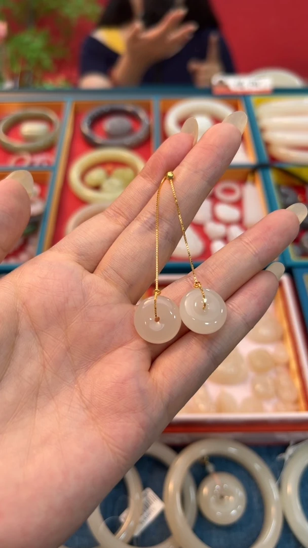 和田玉未镶嵌耳饰藕粉平安扣耳线耳坠