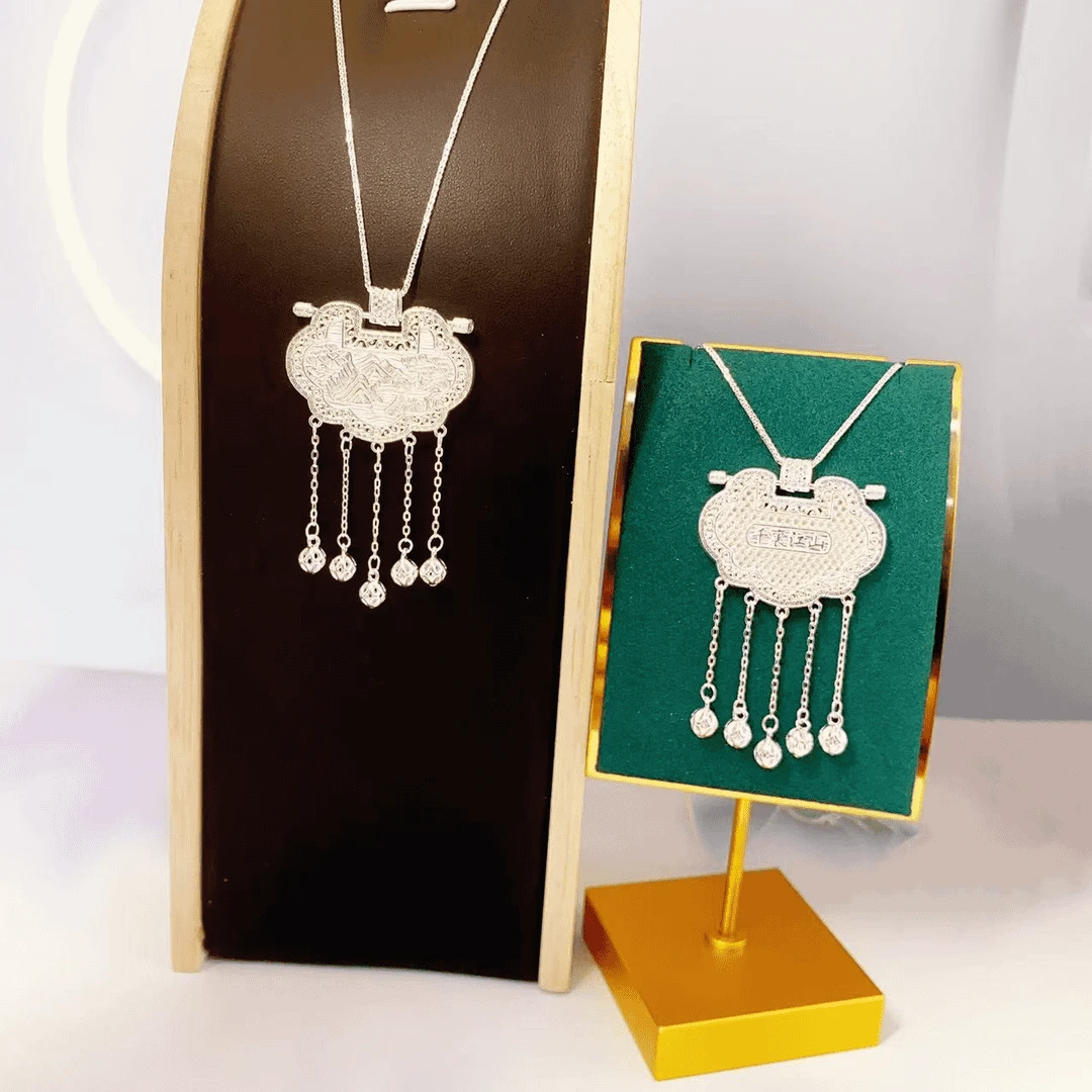 坠链均足银 足银999国潮风花丝千里江山项链古法花丝长命锁吊坠