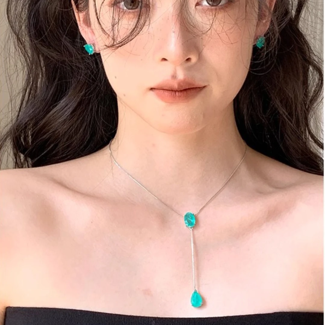 铜合金项链 湖蓝色显白轻奢小众可调节项链新款长轻奢饰品锁骨链