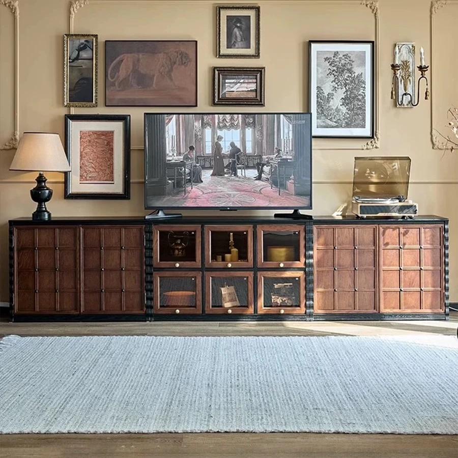 BEAUTIFU  法式复古实木电视柜模块中古风骨骼线客厅落地收纳柜
