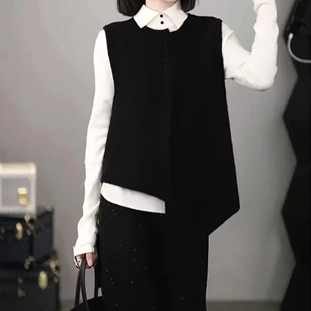 2025一整套入春穿搭不规则针织马甲背心叠穿长袖打底衫女装两件套