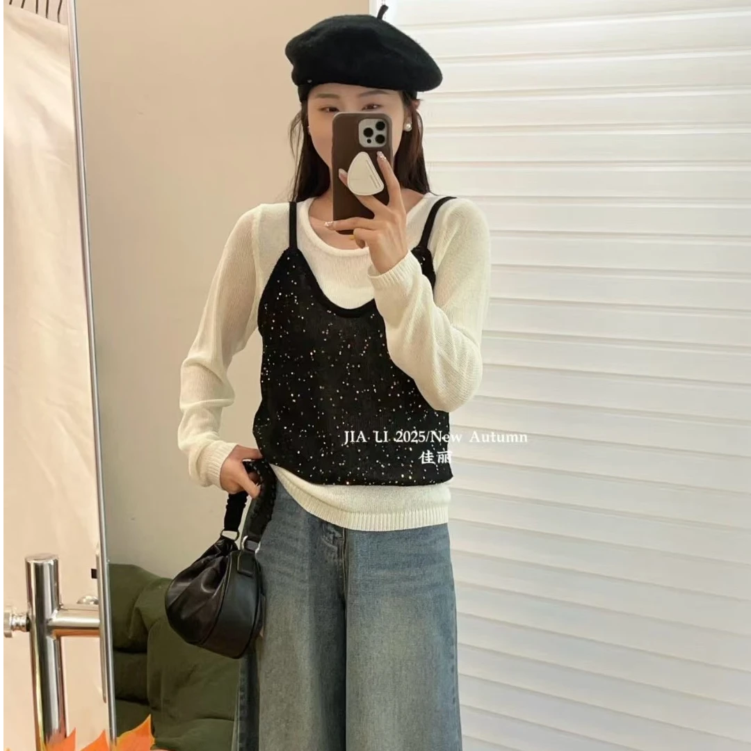 韩版圆领高级感亮片针织衫毛衣女宽松显瘦百搭长袖假两件叠穿上衣