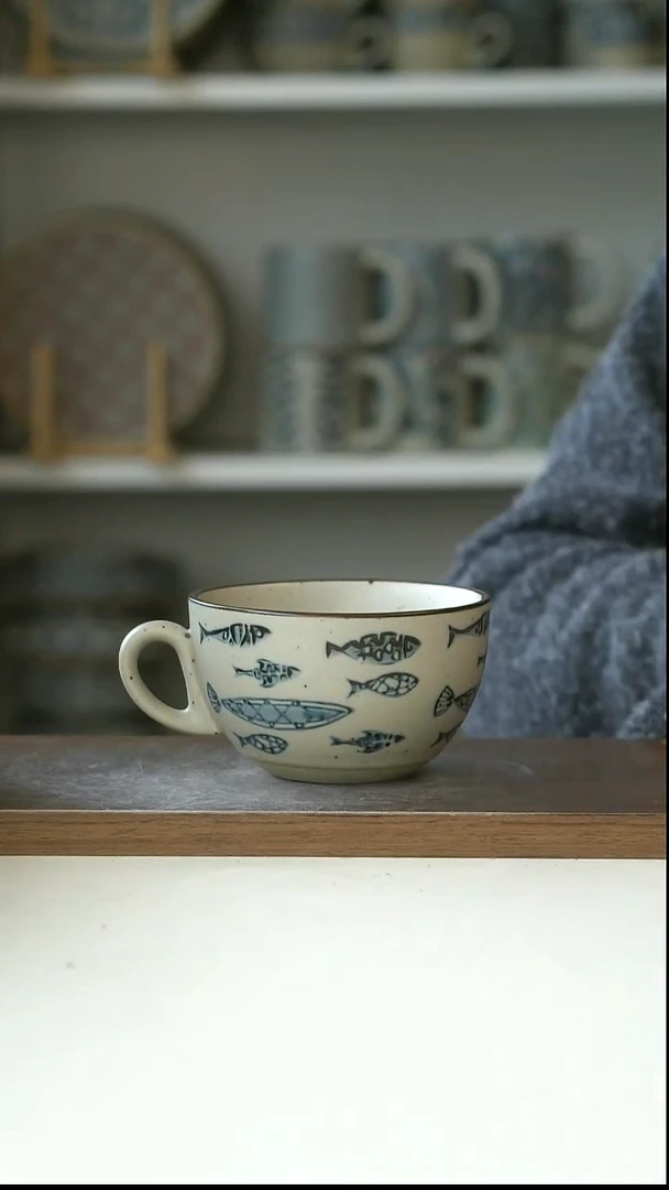 陶粗陶鱼群赶海咖啡杯300ml@7-7@