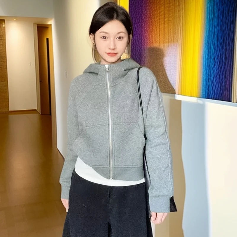 高级感条纹插肩袖连帽卫衣外套女2025新款春秋运动风灰色长袖上衣