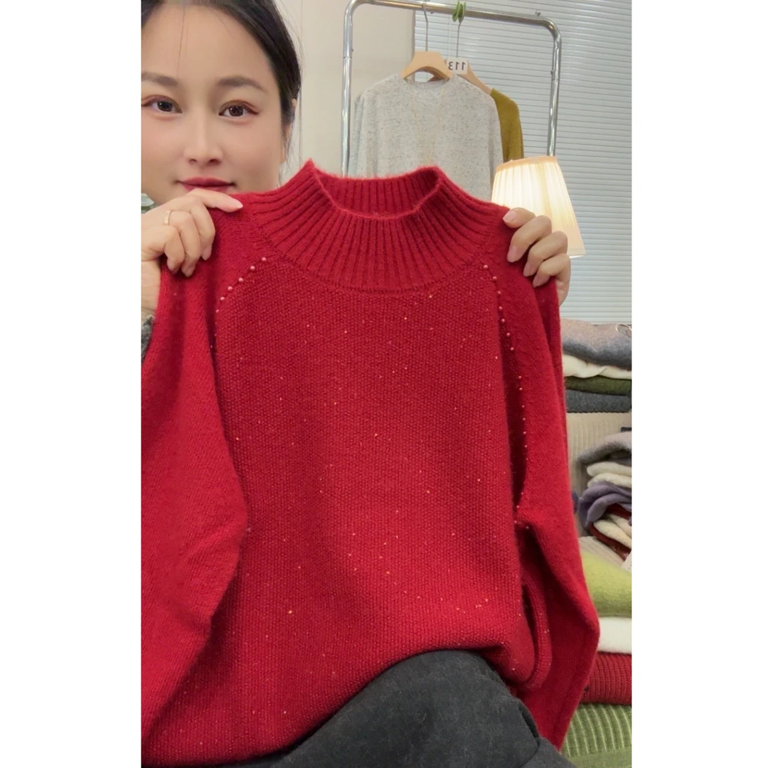 2178【亮片+泡珠插肩袖毛衣】新款半高领桂花针宽松女士打底衫