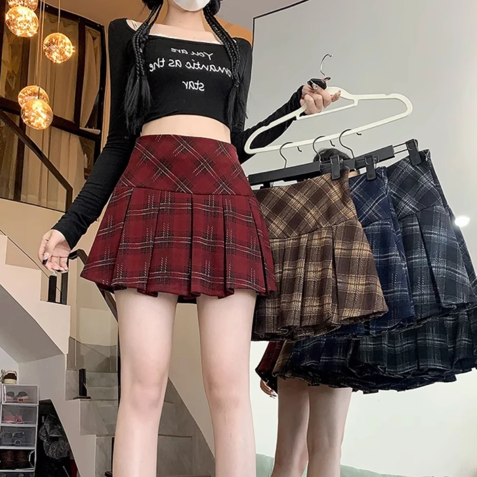 美式格纹a字高腰毛呢半身裙女秋学院风百褶裙辣妹显瘦短裙女学生