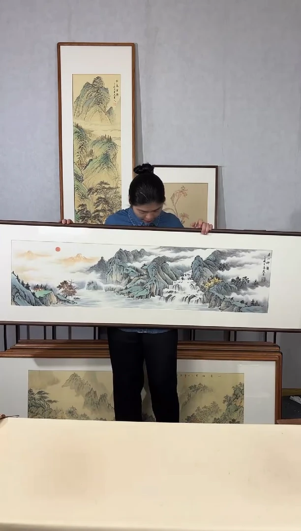 国画手绘*祥山福地52*172cm带框发货