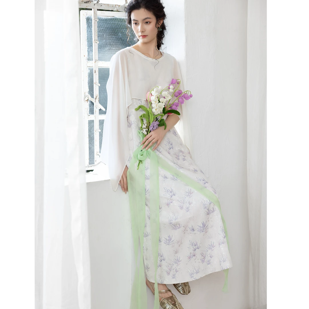 生活在左竹纹印花2025配披肩两件套春季清雅气质连衣裙女1951191