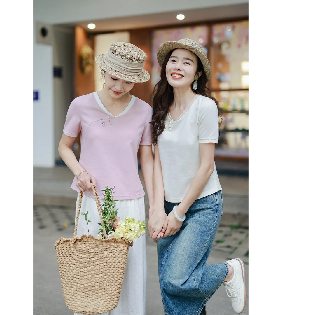 红念米白色新中式T恤女短袖设计感夏季2025新款女装气质优雅上衣