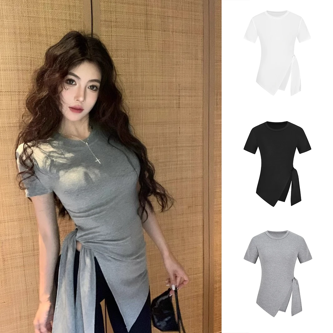 2025下摆不规则T恤女圆领长袖打底衫设计感韩系上衣辣妹绑带8001