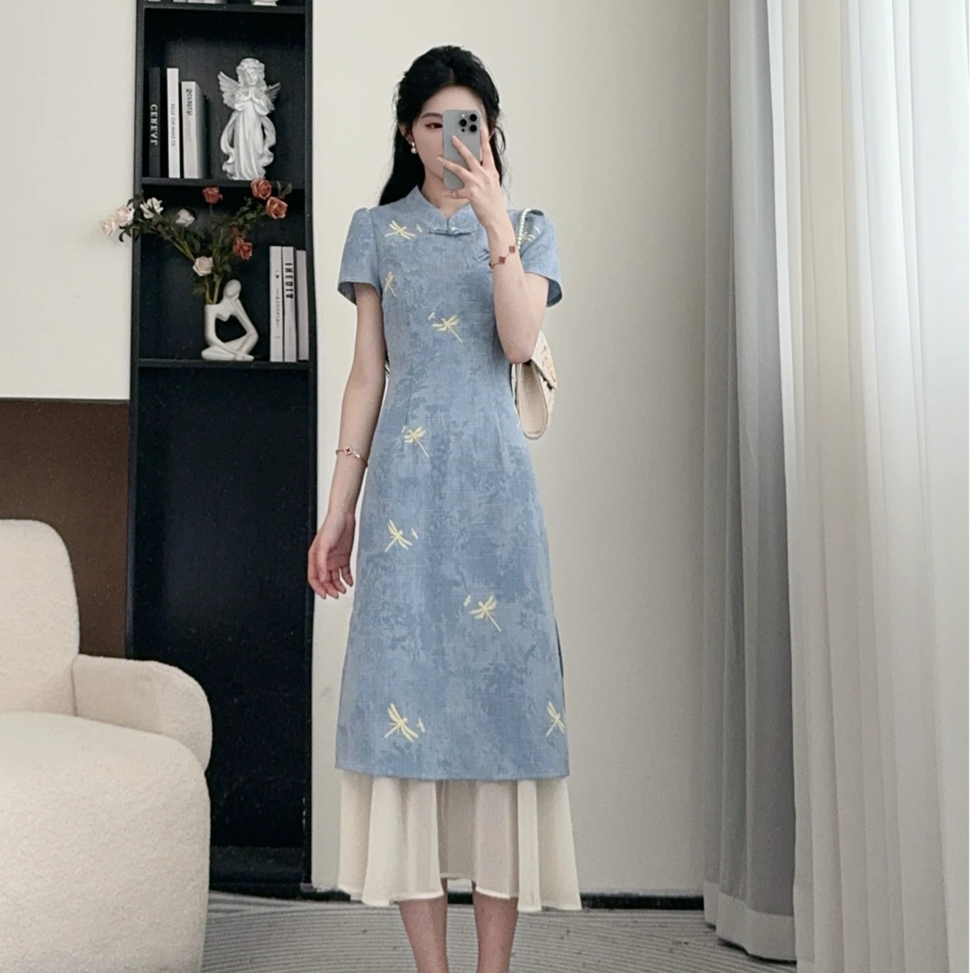 小八定制2025夏季新款国风轻奢时尚印花复古减龄连衣裙 00073 LSC