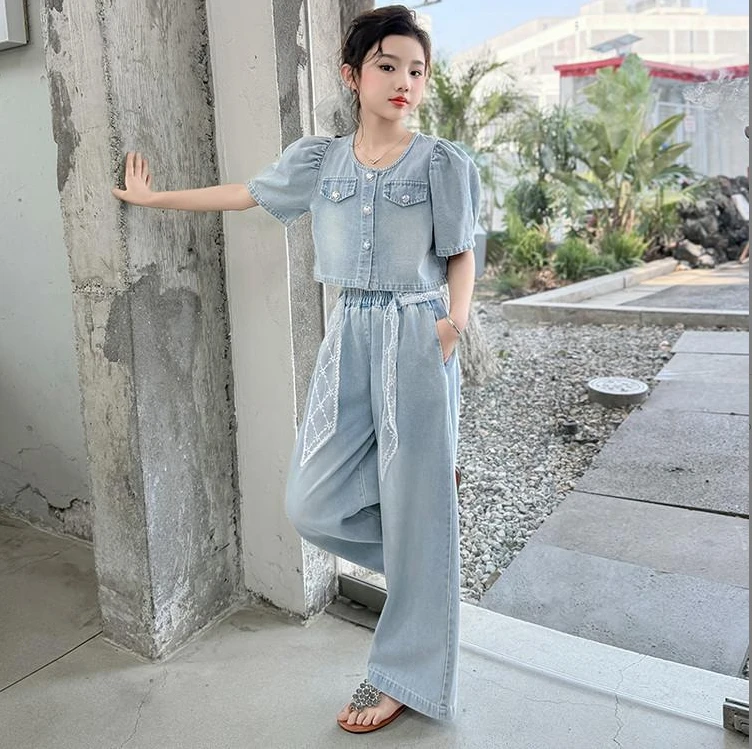 母女装女童夏季亲子同款25年夏季新品牛仔套装配花边腰带洋气阔腿