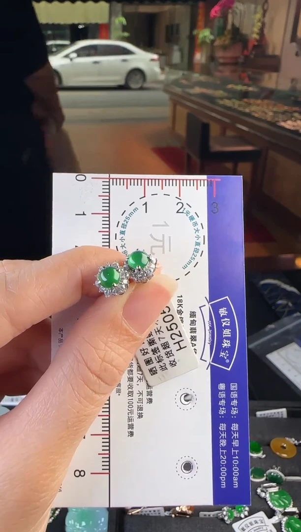 翡翠18K金镶嵌耳饰H2505辣绿蛋面耳钉