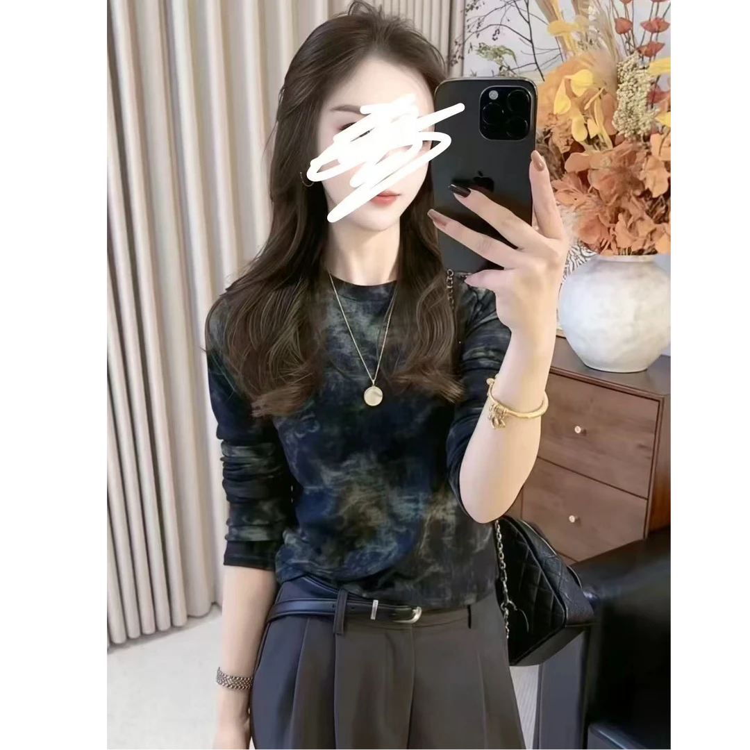 秋冬季小个子常规百搭休闲风扎染染色长袖T小众气质打底衫9129