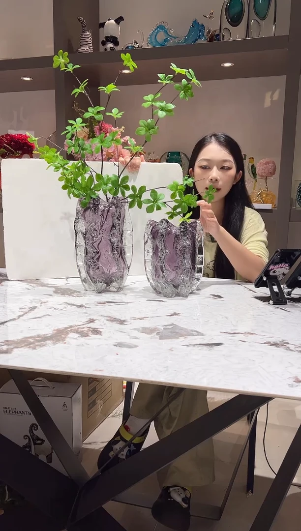 烟紫色气泡琉璃花瓶一对