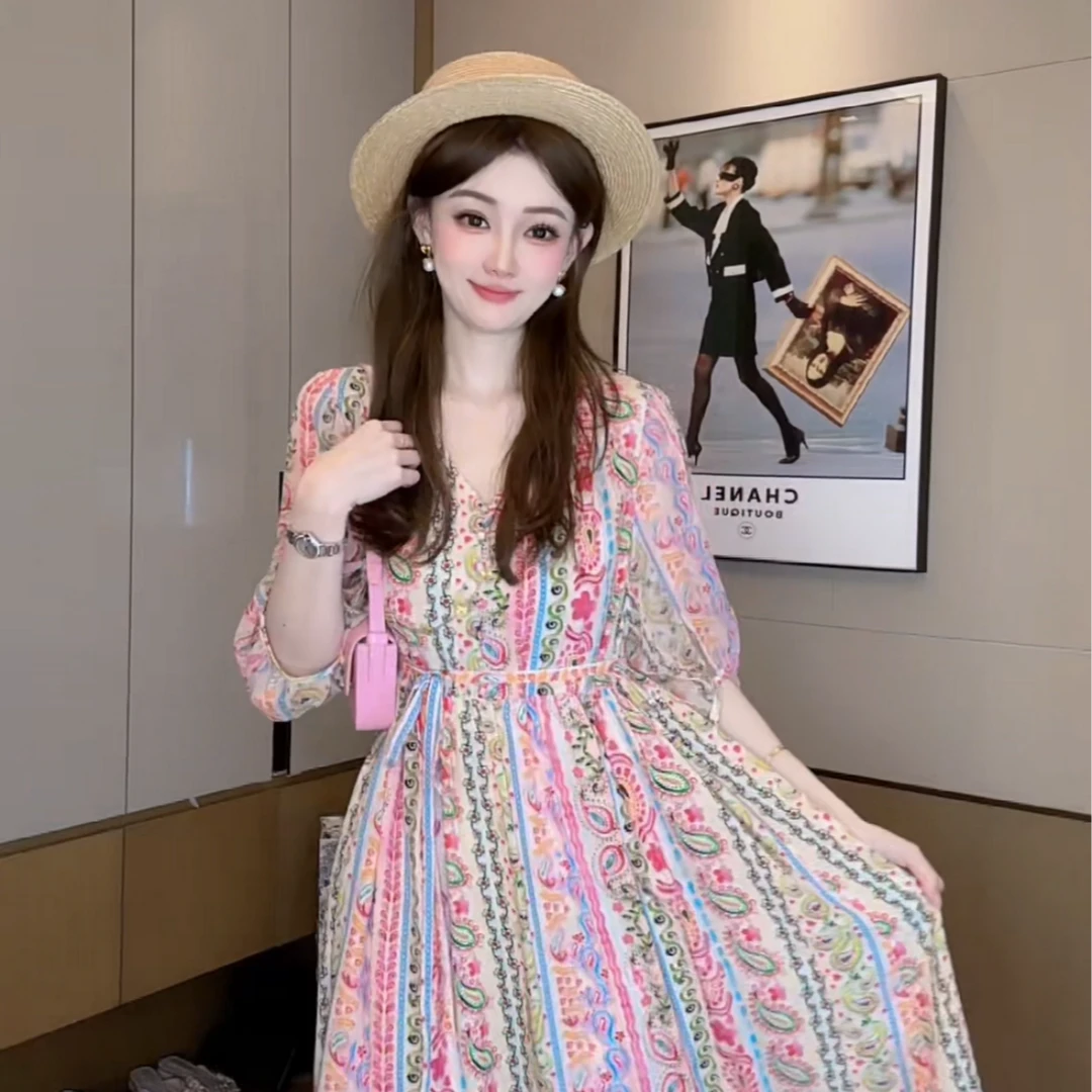 【丝芙玉禄】(S281)  100%真丝气质印花彩色桑蚕丝真丝女装连衣裙