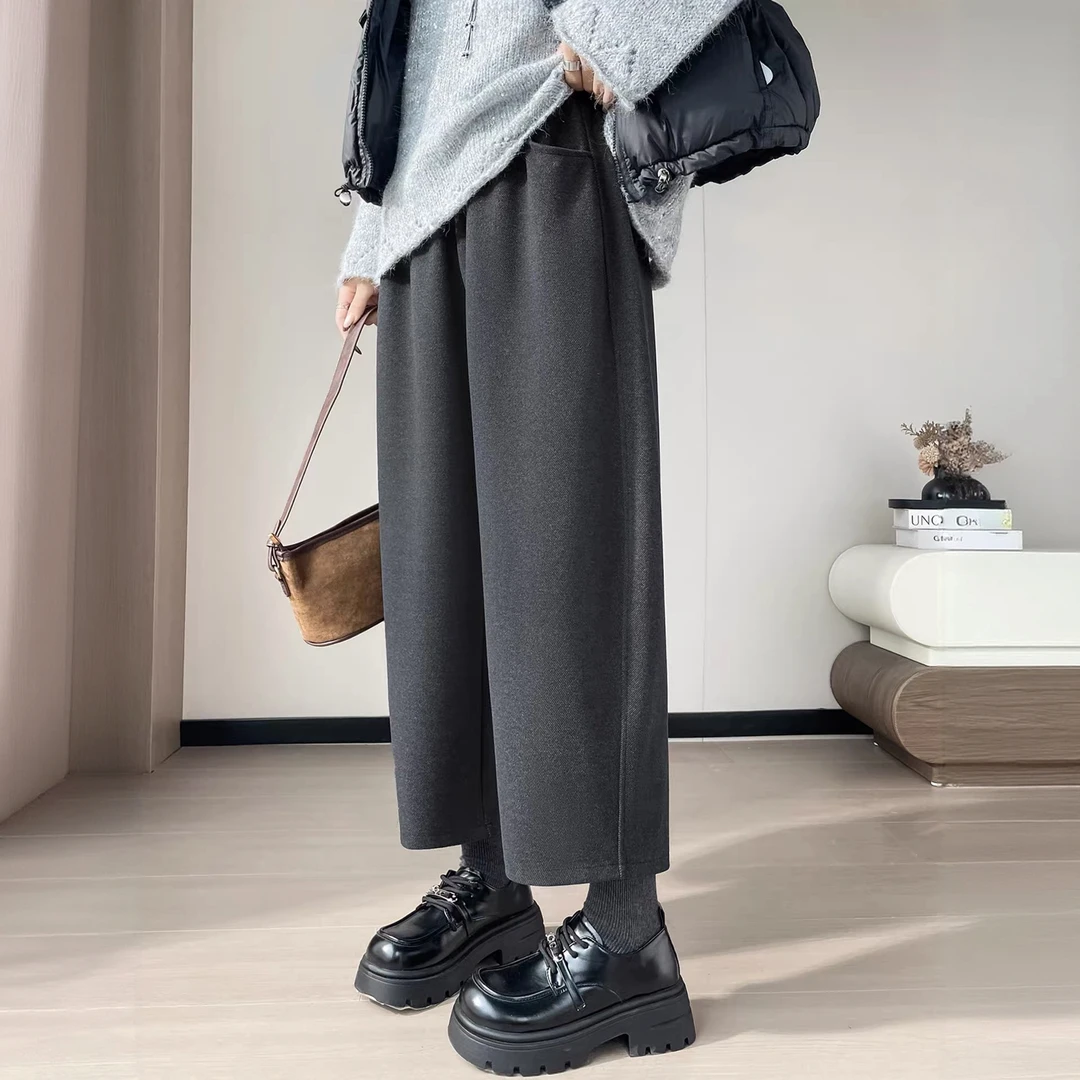 毛呢直筒裤女秋冬高腰小个子九分加绒加厚裤子直筒休闲老爹哈伦裤