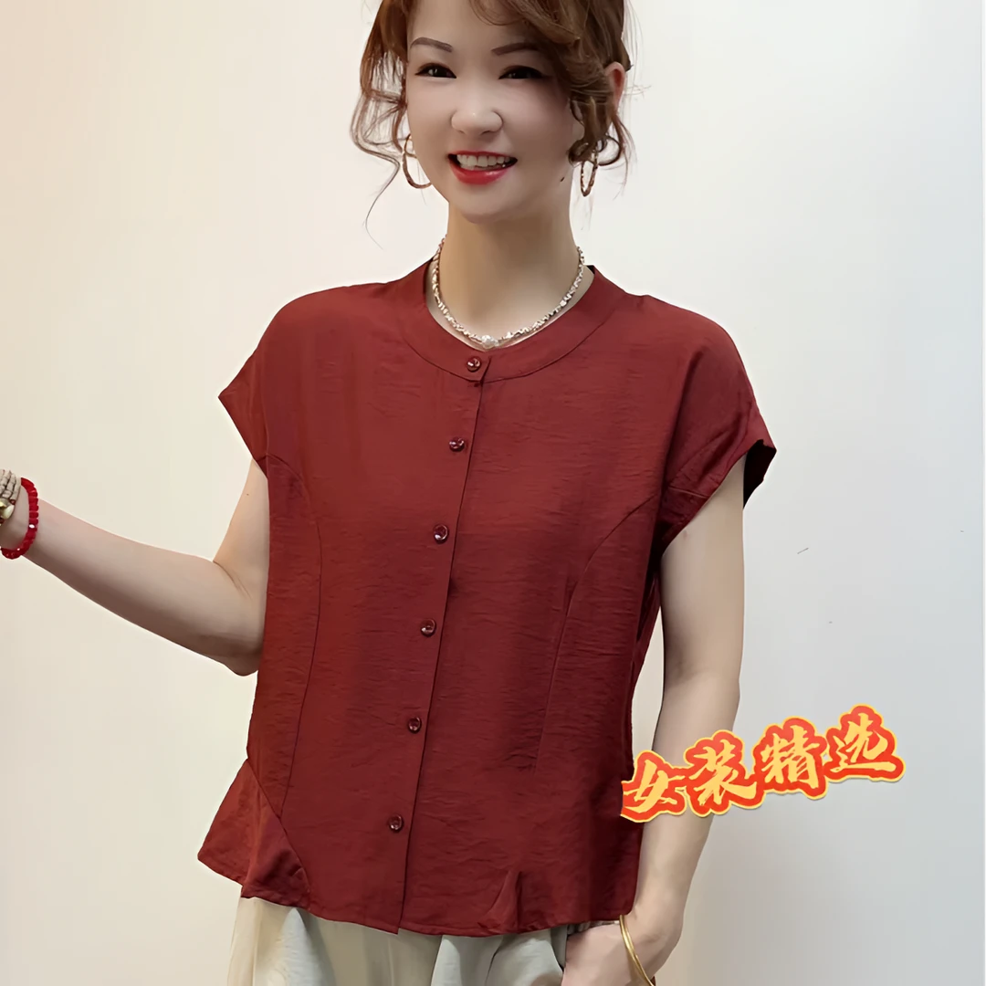 女士夏季新款圆领休闲T恤衬衫显瘦减龄百搭复古气质女士薄款上衣