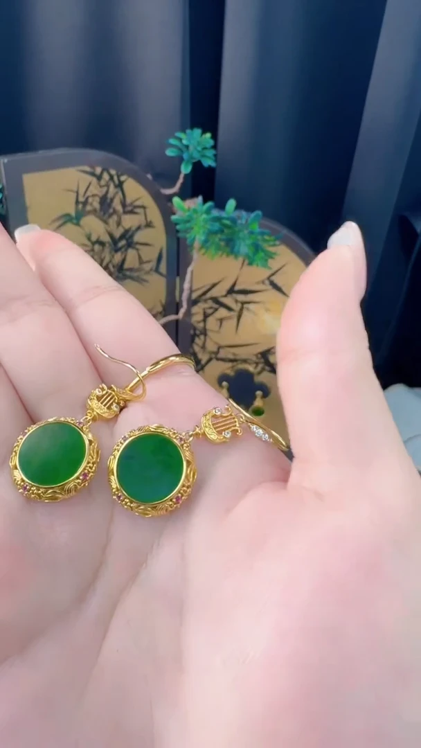 【闪购商品】翡翠耳饰银S925镀金镶嵌天然缅甸A货翡翠耳环