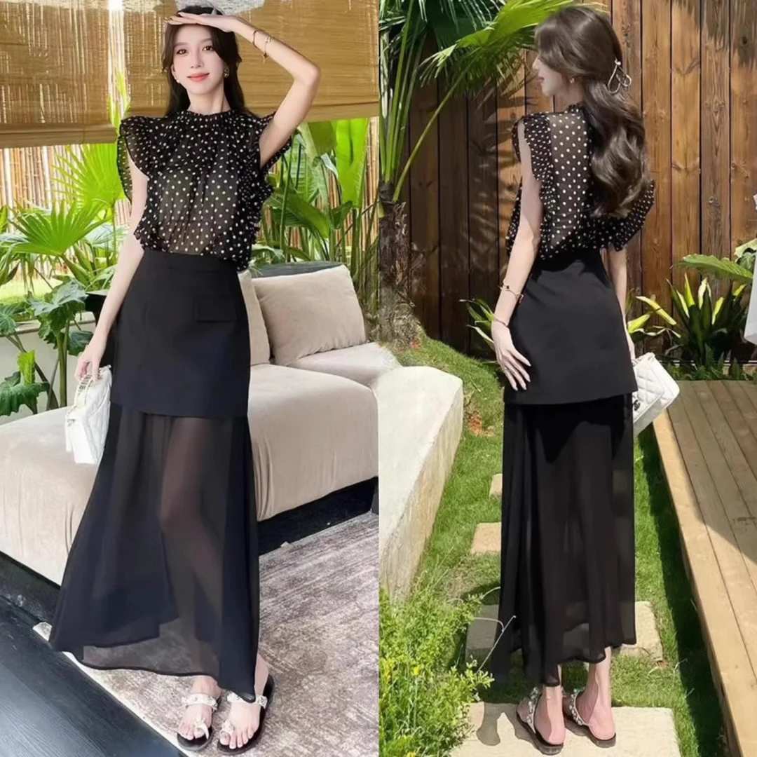 拉夏贝尔时尚套装裙女夏季新款洋气减龄波点短袖上衣半身裙两件套
