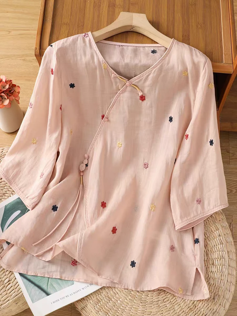 复古中式盘扣女夏季民族风斜襟流苏套头小衫绣花薄款清凉衬衣