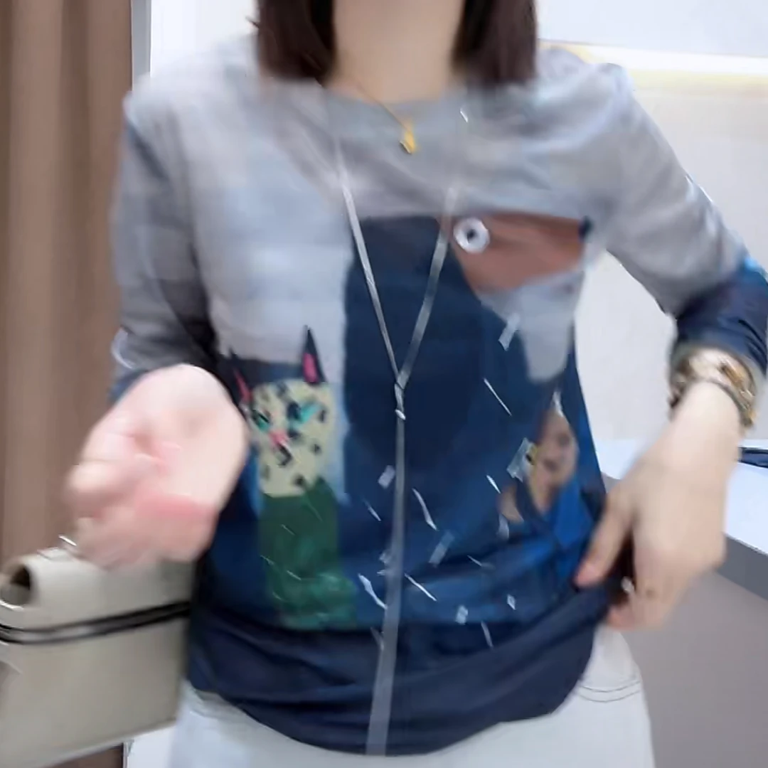 设计感涂鸦艺术长袖T恤女2025新款春季时尚休闲百搭宽松圆领上衣