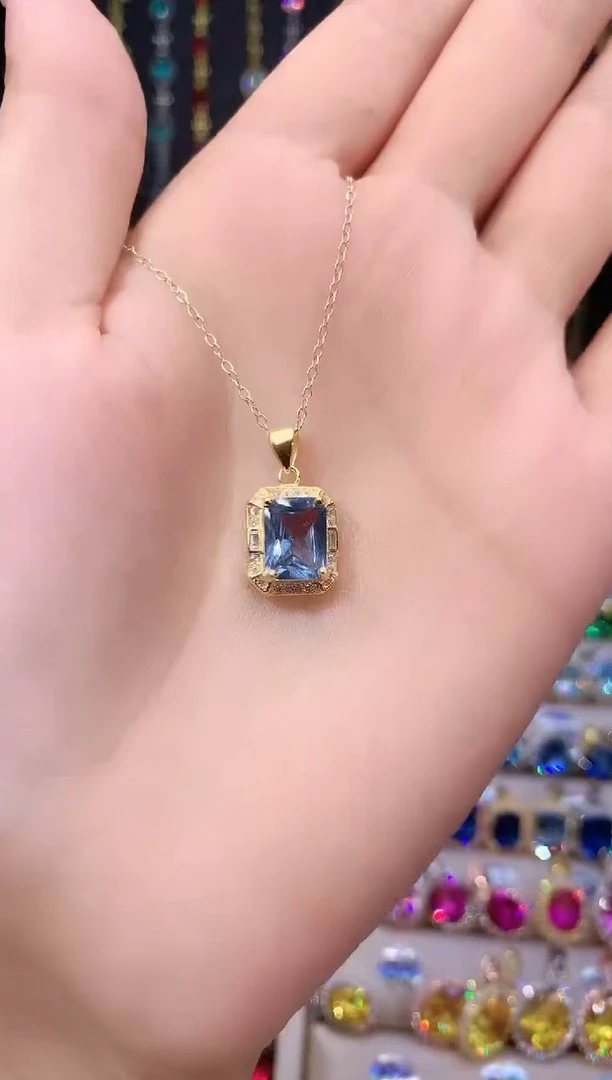 海蓝宝石吊坠(赠链)银S925镶嵌金色79