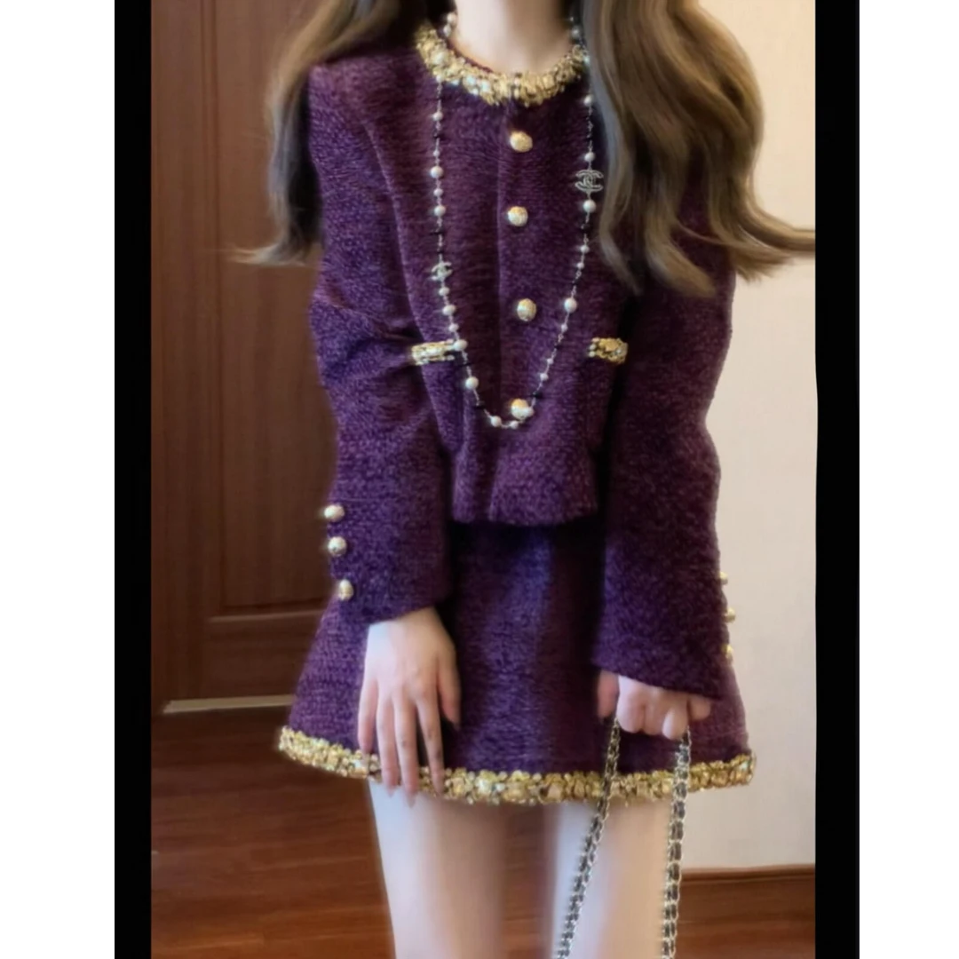 2025早秋新款小香风富家千金重工钉珠编织开衫外套配高腰半身裙女