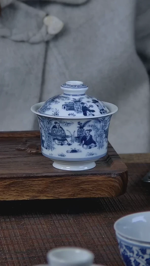 【闪购商品】折葵非器手工手绘竹林七贤马蹄盖碗