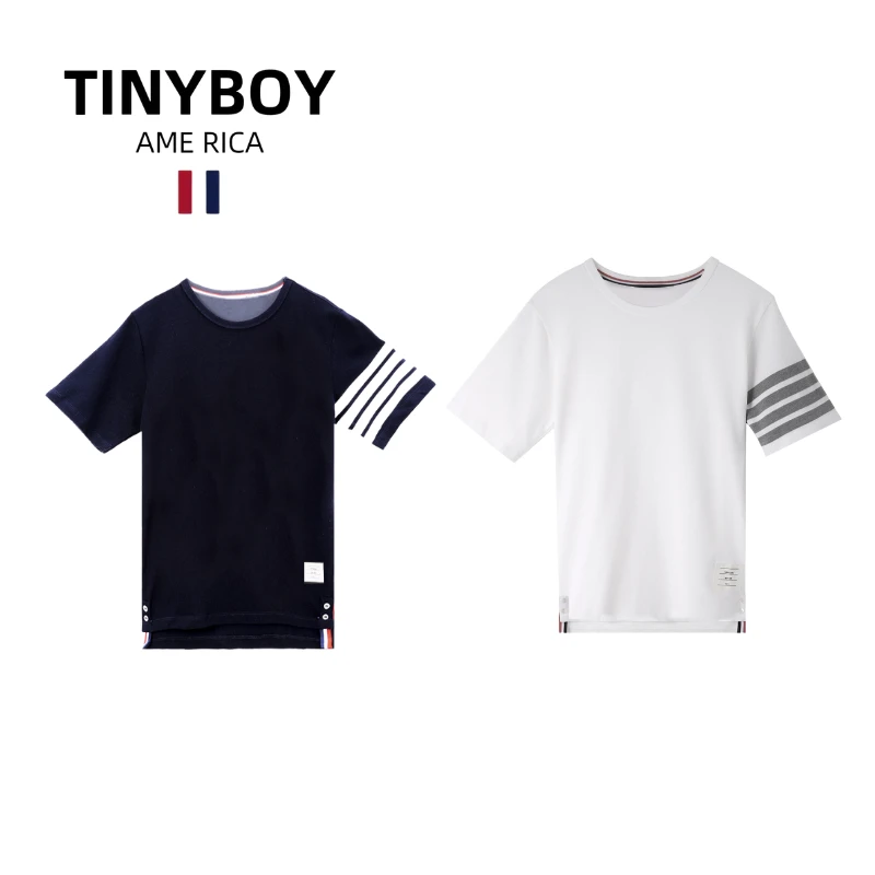 TINYBOY圆领四条杠藏青色短袖T恤 男女同款