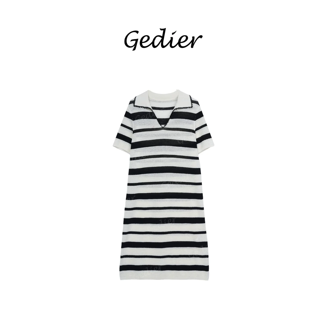 轻奢翻领撞色条纹气质休闲百搭针织短袖连衣裙MCJ0069