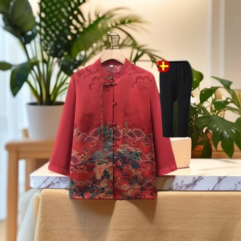 9236-奶奶夏季新款时尚洋气喜庆小衫妈妈新中式国风老奶奶衬衫