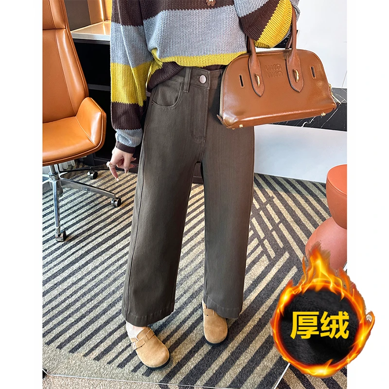 小个子梨形天菜！咖色四面弹阔腿奶奶裤女秋冬加绒九分直筒牛仔裤