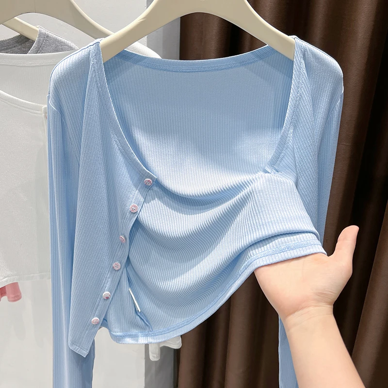 蓝色圆领防晒系扣开衫外套2025夏季吊带裙外搭长袖针织空调房外套