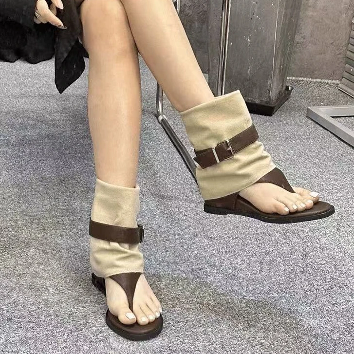 2025年时尚露趾人字靴子内增高短靴皮带扣春夏新款裤管靴两穿凉靴