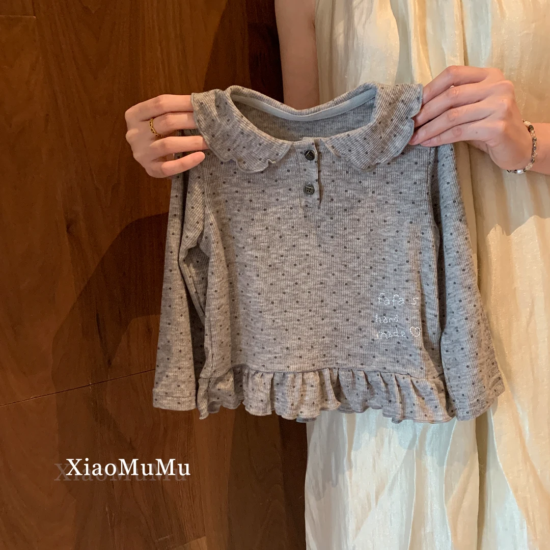 儿童春秋季洋气拼色纯棉长袖宽松波点印花T恤女童宝宝百搭打底衫