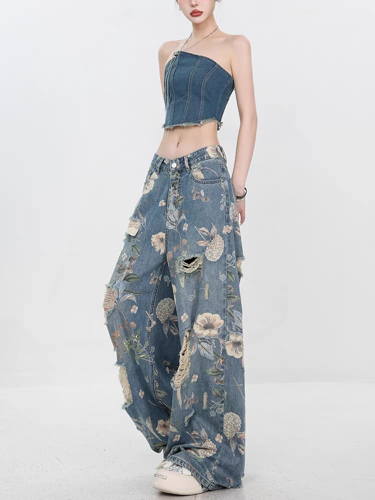 4号车-夏季新款美式复古印花破洞牛仔裤女宽松直阔腿裤不是图片款