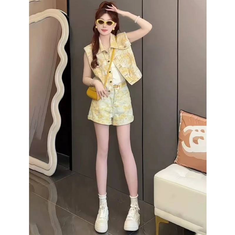 夏日扎染撞色牛仔套装女气质翻领无袖短裤短裙套装ootd0042