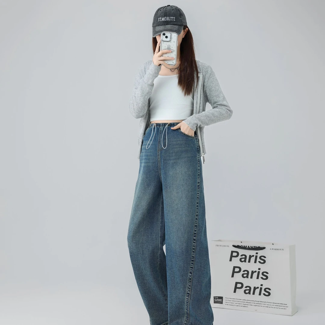 孕妇牛仔裤子春秋款外穿2025新款无托腹抽绳调节休闲阔腿裤