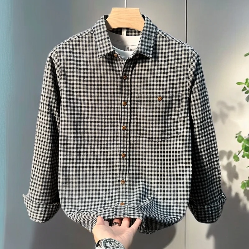 轻奢潮流日系复古格子长袖衬衫男士秋季时尚休闲百搭宽松衬衣外套